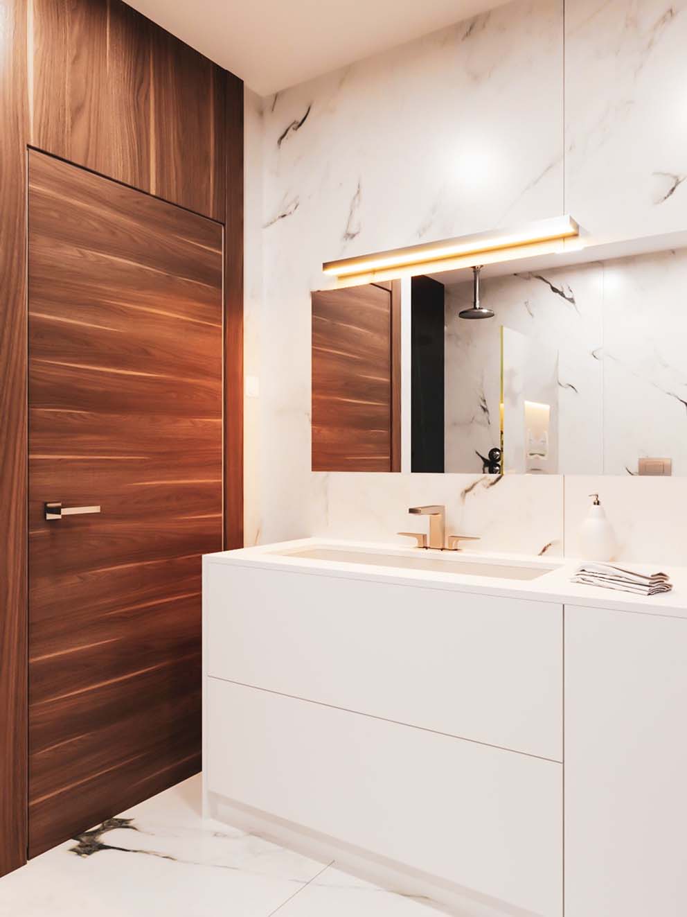 Weiße Badezimmerkonsole mit Marmor-verfliester Wand, Holz-vertäfelter Wand und Marmor-verfliestem Boden.